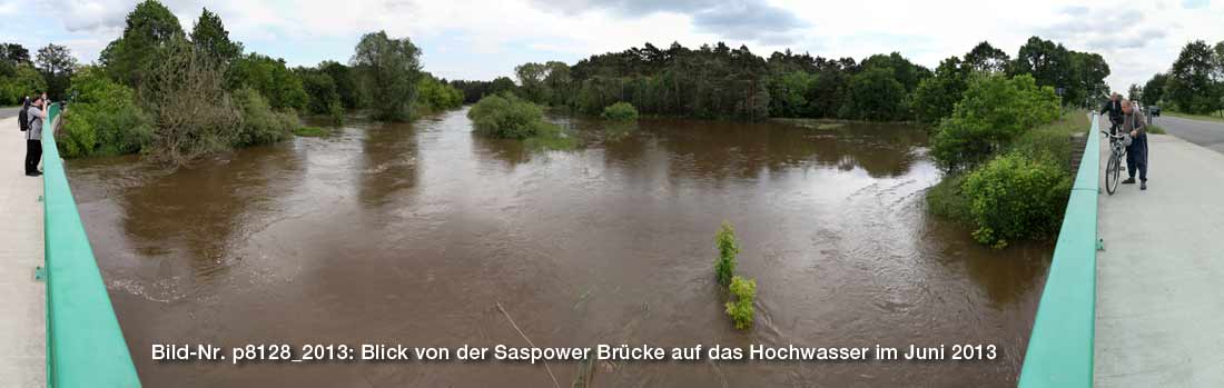 Blick von der Saspower Brücke auf das Hochwasser der Spree